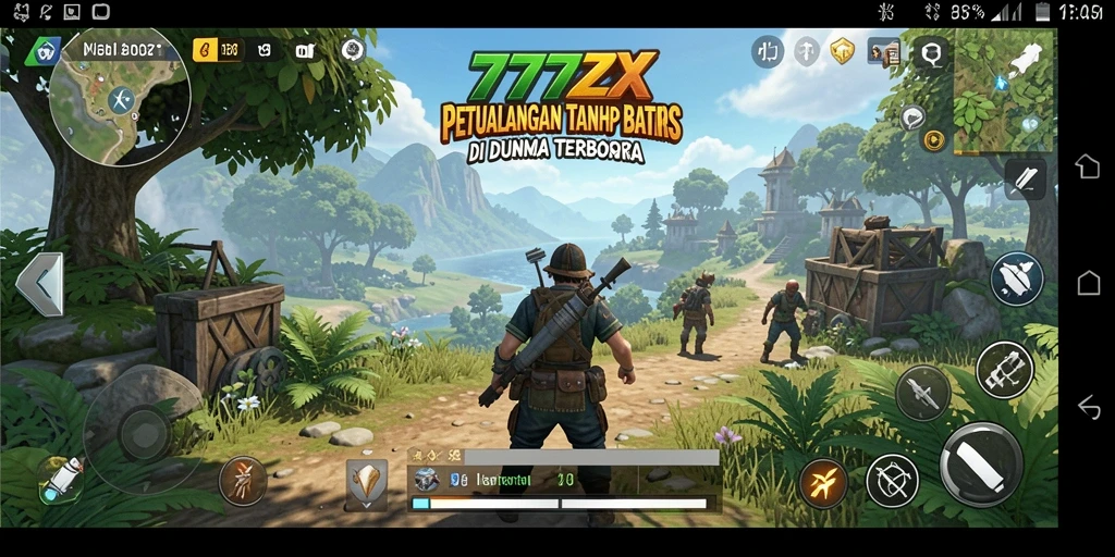 Screenshot gameplay 777ZX menunjukkan karakter menjelajahi dunia yang luas.