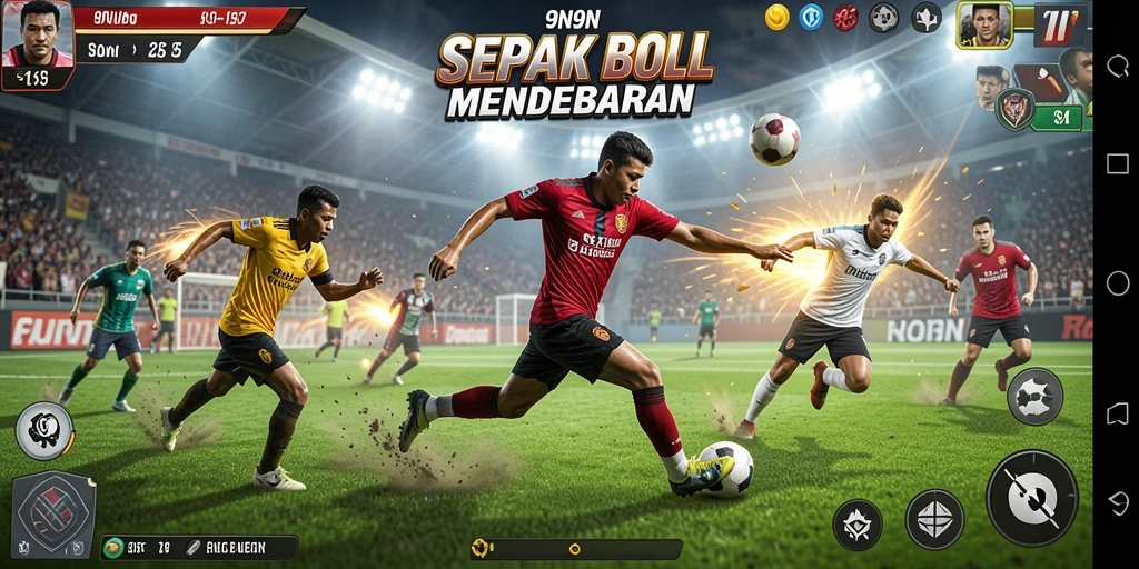 Screenshot menunjukkan aksi sepak bola yang mendebarkan di 9N9N.