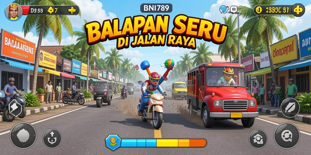 Tangkapan layar gameplay BNI789 dengan aksi balapan yang mendebarkan.