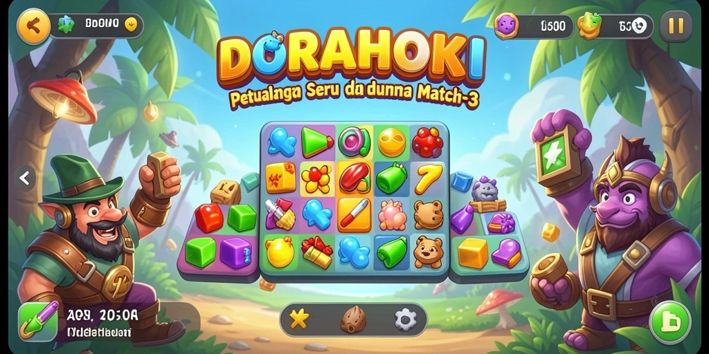 Tampilan seru gameplay DORAHOKI dengan pencocokan item Match-3.