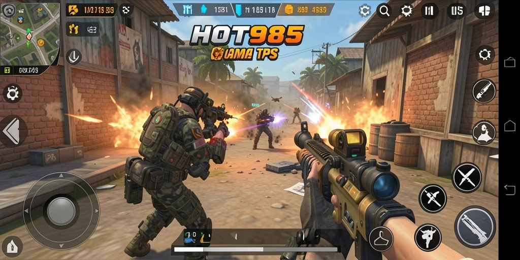 Screenshot HOT985 menunjukkan aksi intens dalam pertempuran TPS.