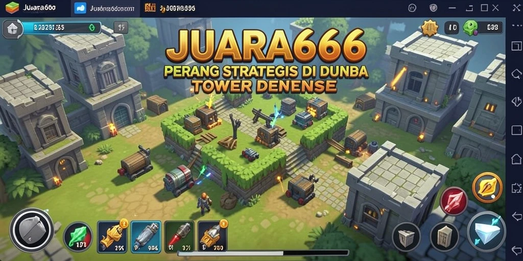 Screenshot gameplay JUARA666 menampilkan menara dan musuh dalam aksi.