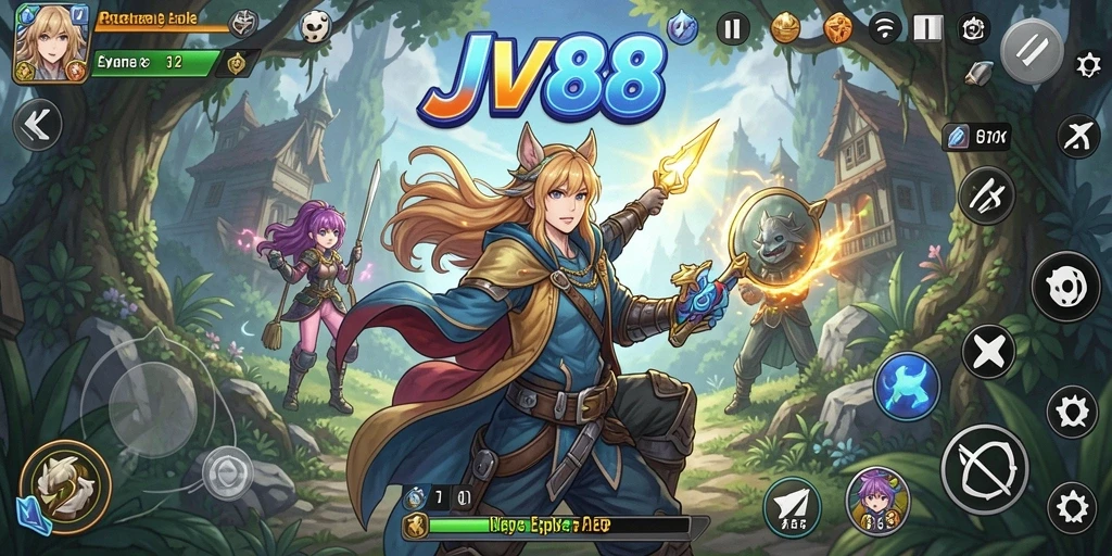 Tangkapan layar gameplay JV88 dengan karakter anime yang beraksi.