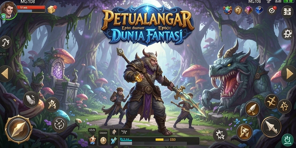 Screenshot MG108 menampilkan pertarungan seru di dunia fantasi.